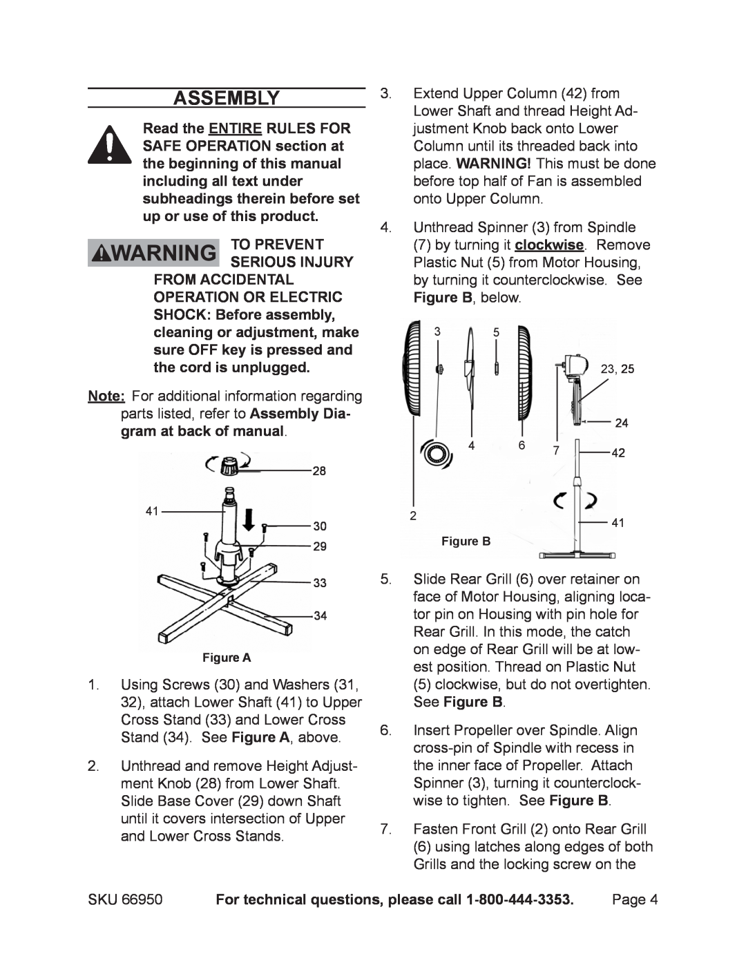 Harbor Freight Tools 66950 manual Assembly, To prevent serious injury, For technical questions, please call 
