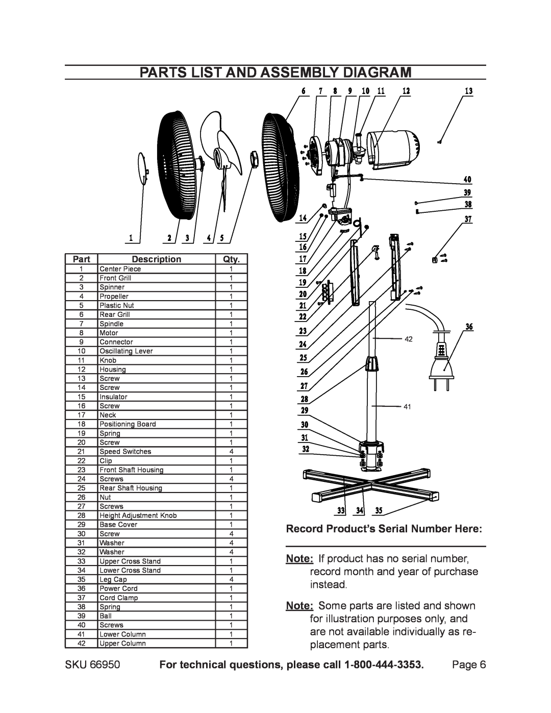Harbor Freight Tools 66950 manual Parts List And Assembly Diagram, Record Product’s Serial Number Here, Description 