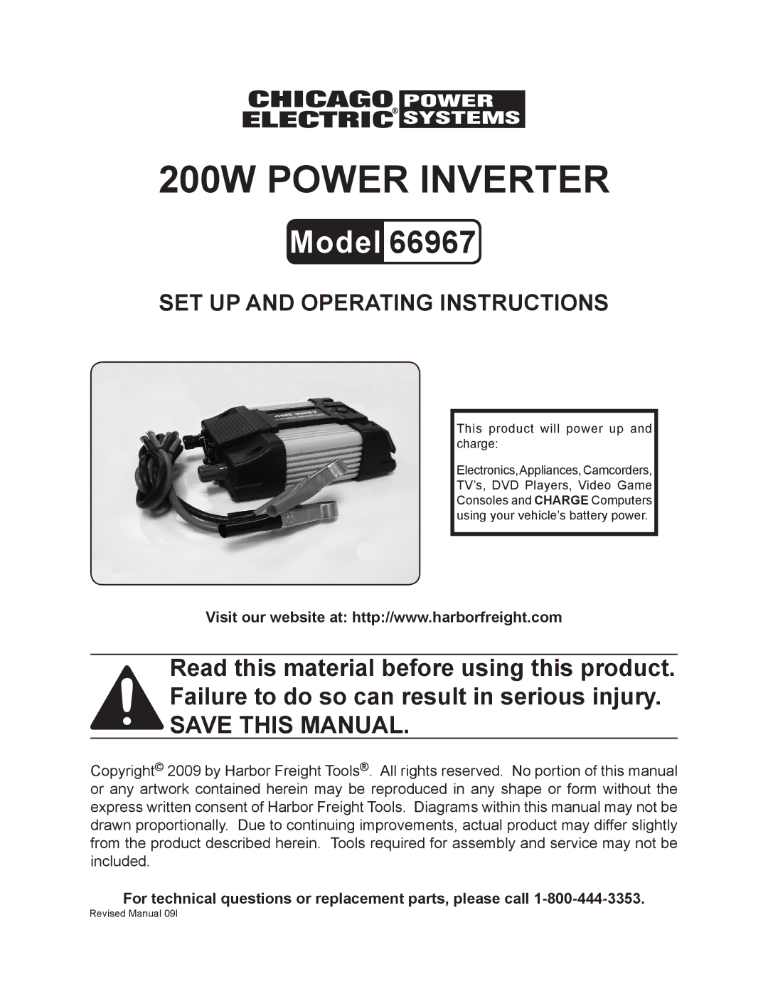 Harbor Freight Tools 66967 operating instructions 200w pOWER iNVERTER 