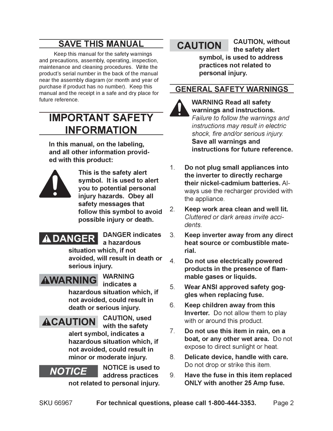 Harbor Freight Tools 66967 operating instructions Save This Manual, General Safety Warnings 