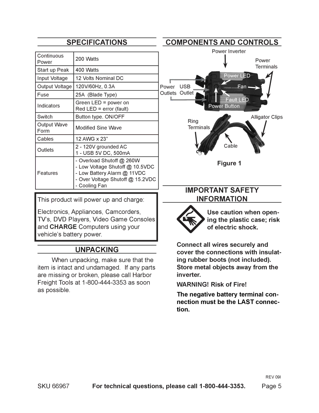 Harbor Freight Tools 66967 Specifications Components and Controls, Unpacking, Important Safety Information 