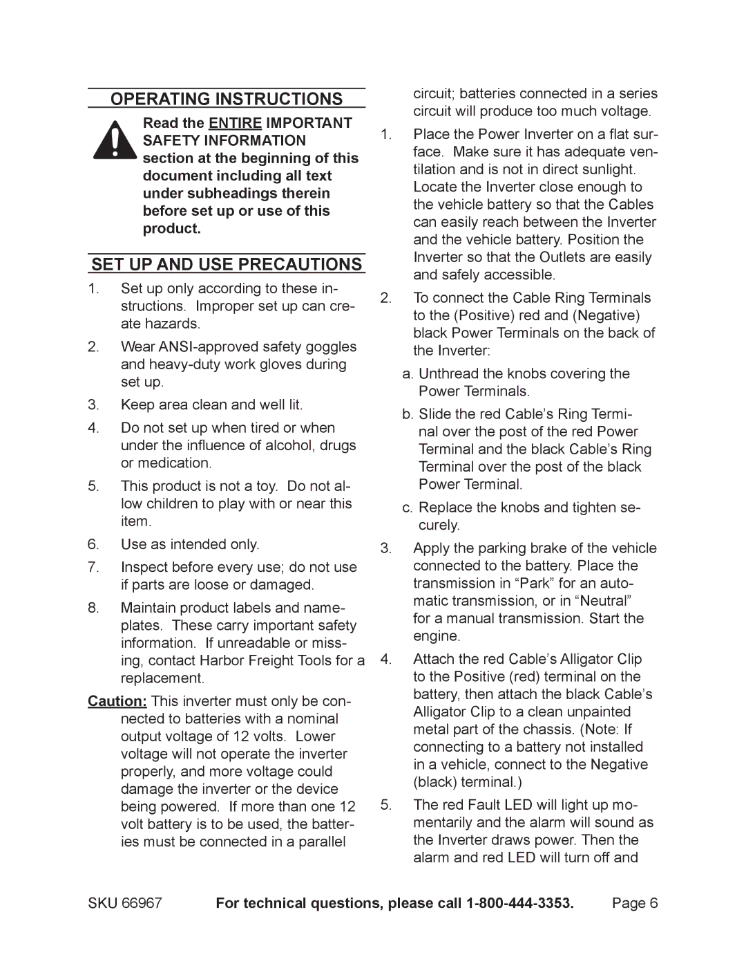 Harbor Freight Tools 66967 operating instructions Operating Instructions, Set up and Use Precautions 