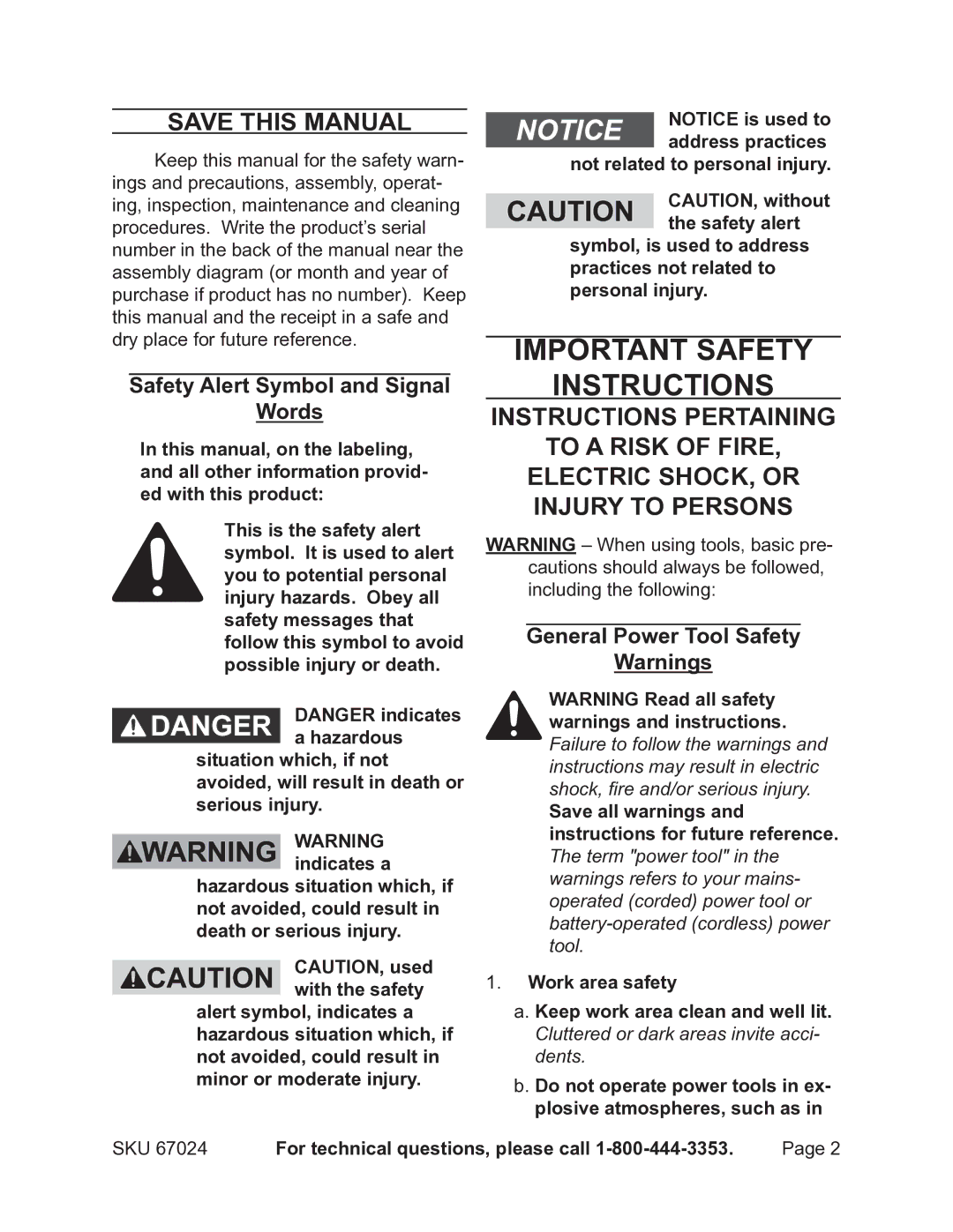 Harbor Freight Tools 67024 Save This Manual, Safety Alert Symbol and Signal Words, General Power Tool Safety 