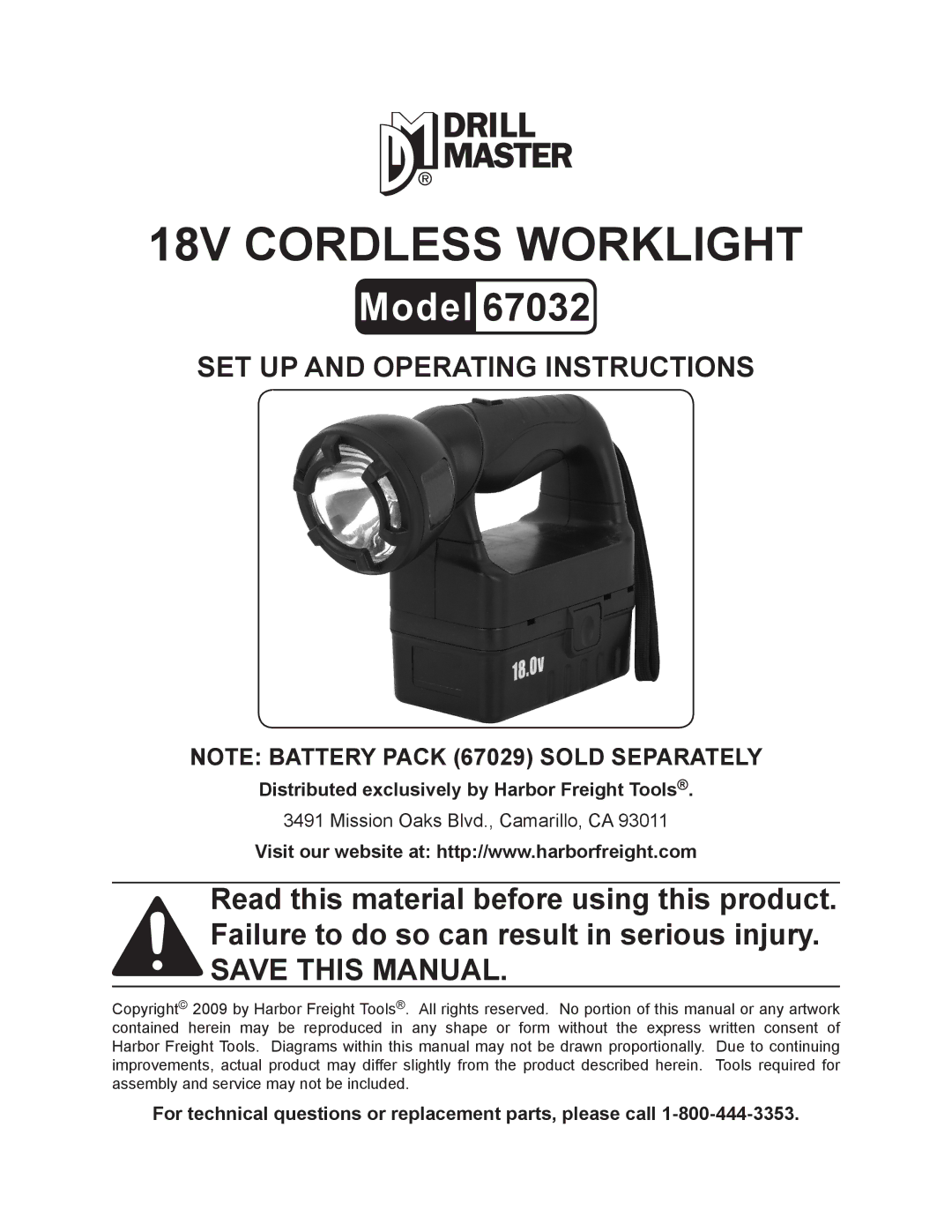 Harbor Freight Tools 67032 operating instructions Distributed exclusively by Harbor Freight Tools 