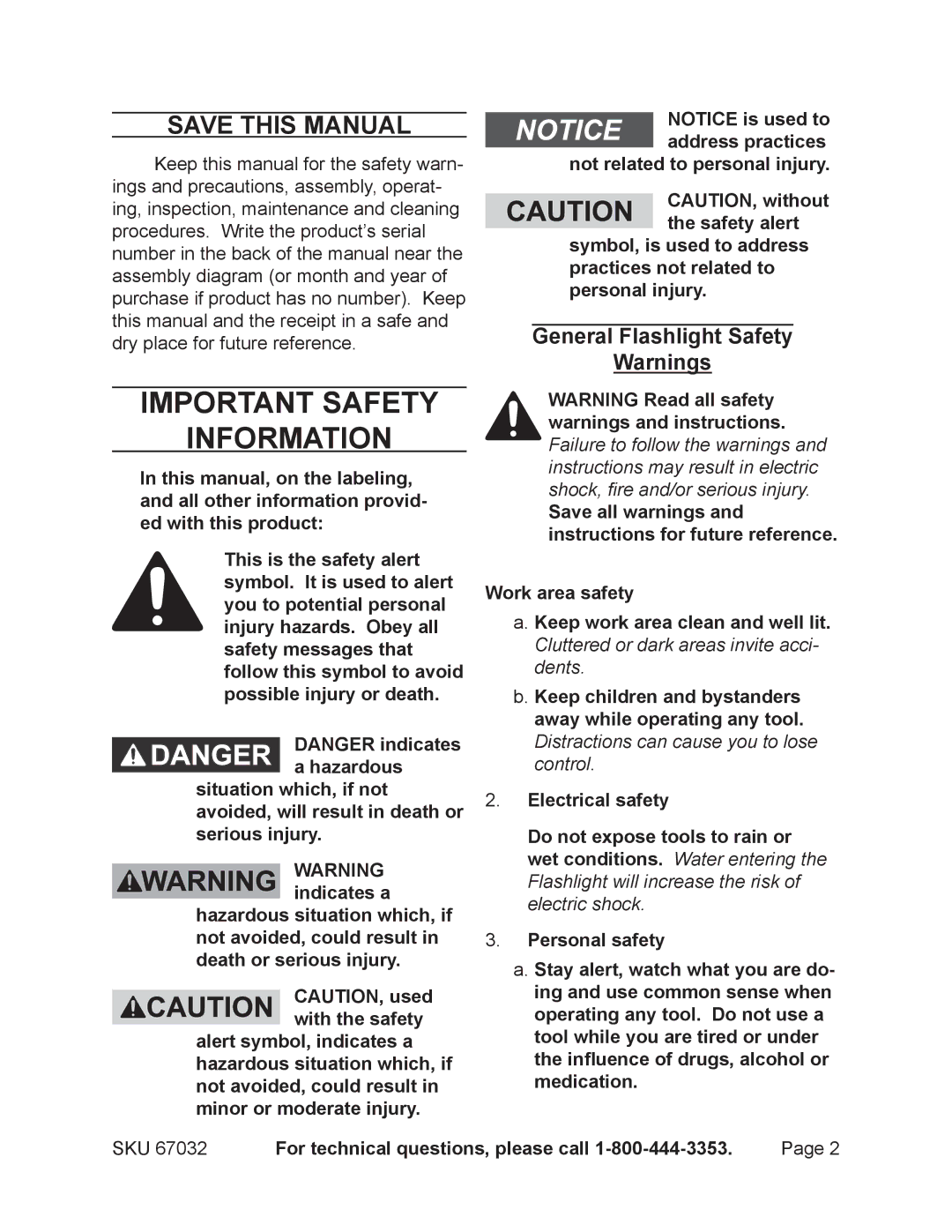 Harbor Freight Tools 67032 Save This Manual, General Flashlight Safety, For technical questions, please call 