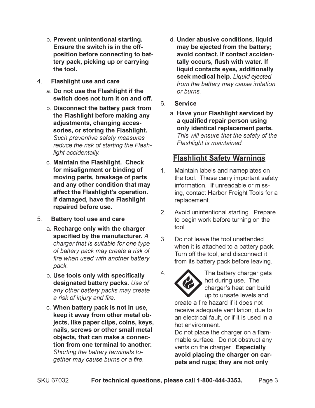 Harbor Freight Tools 67032 operating instructions Flashlight Safety Warnings 