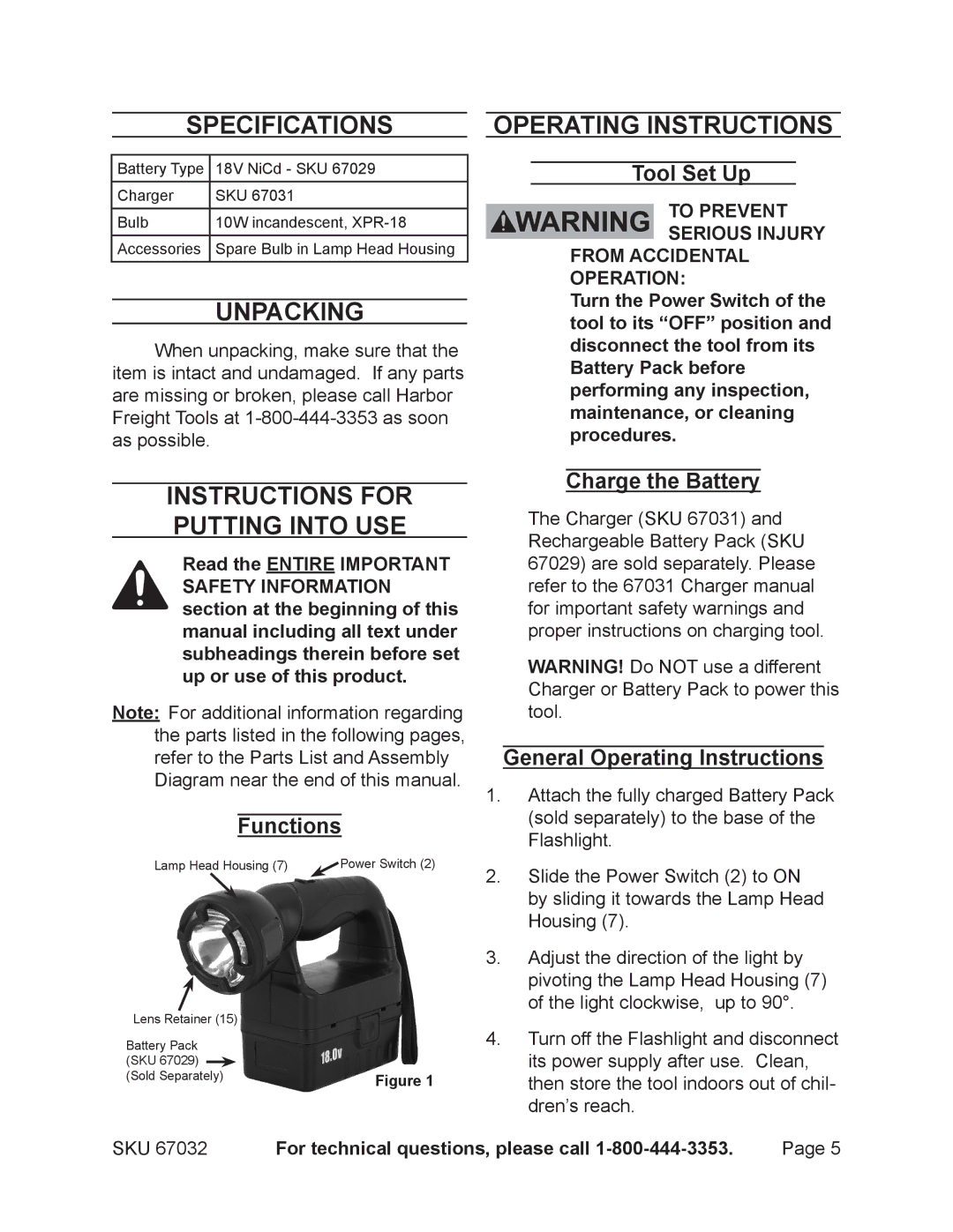 Harbor Freight Tools 67032 Specifications, Unpacking, Operating Instructions, Instructions for putting into use 