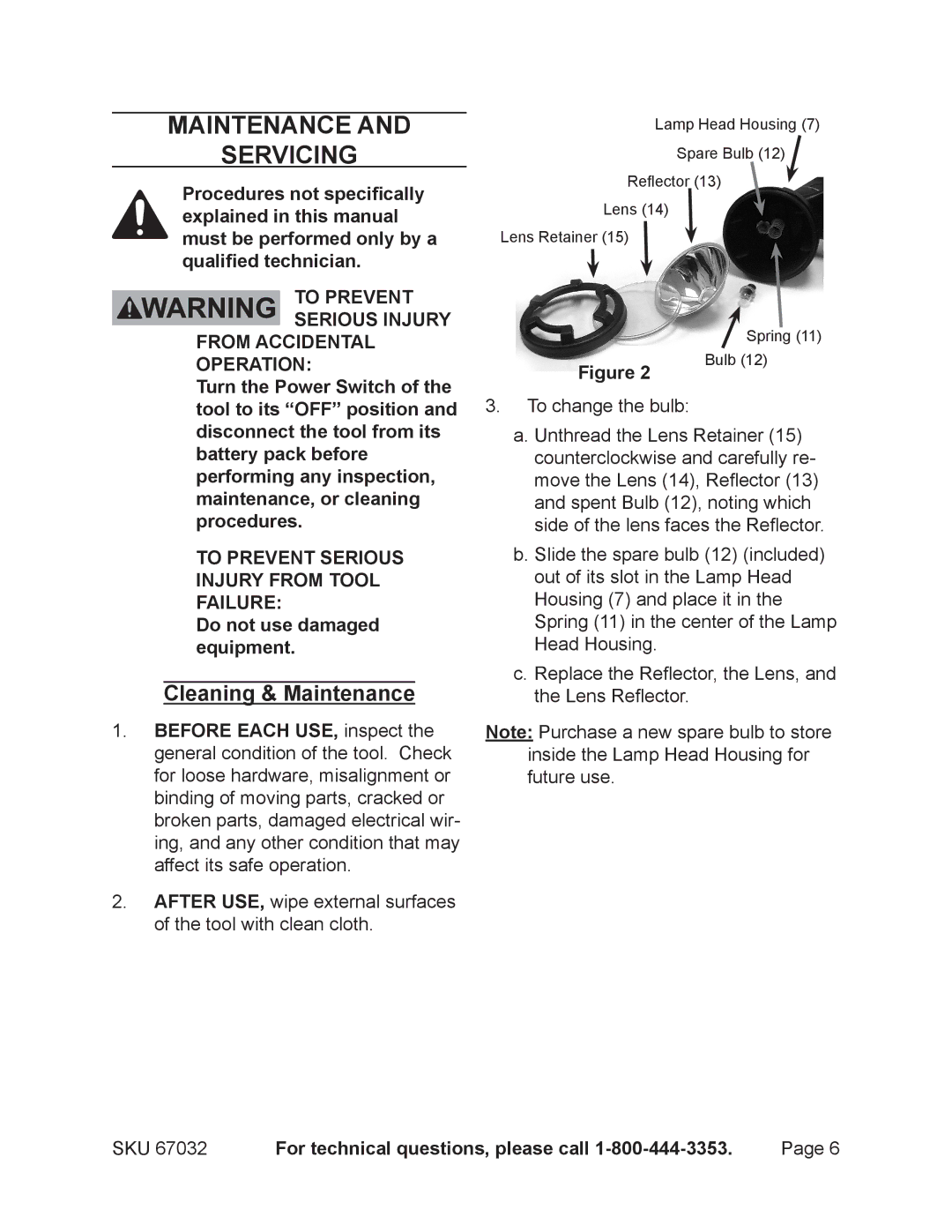 Harbor Freight Tools 67032 operating instructions Maintenance Servicing, Cleaning & Maintenance 