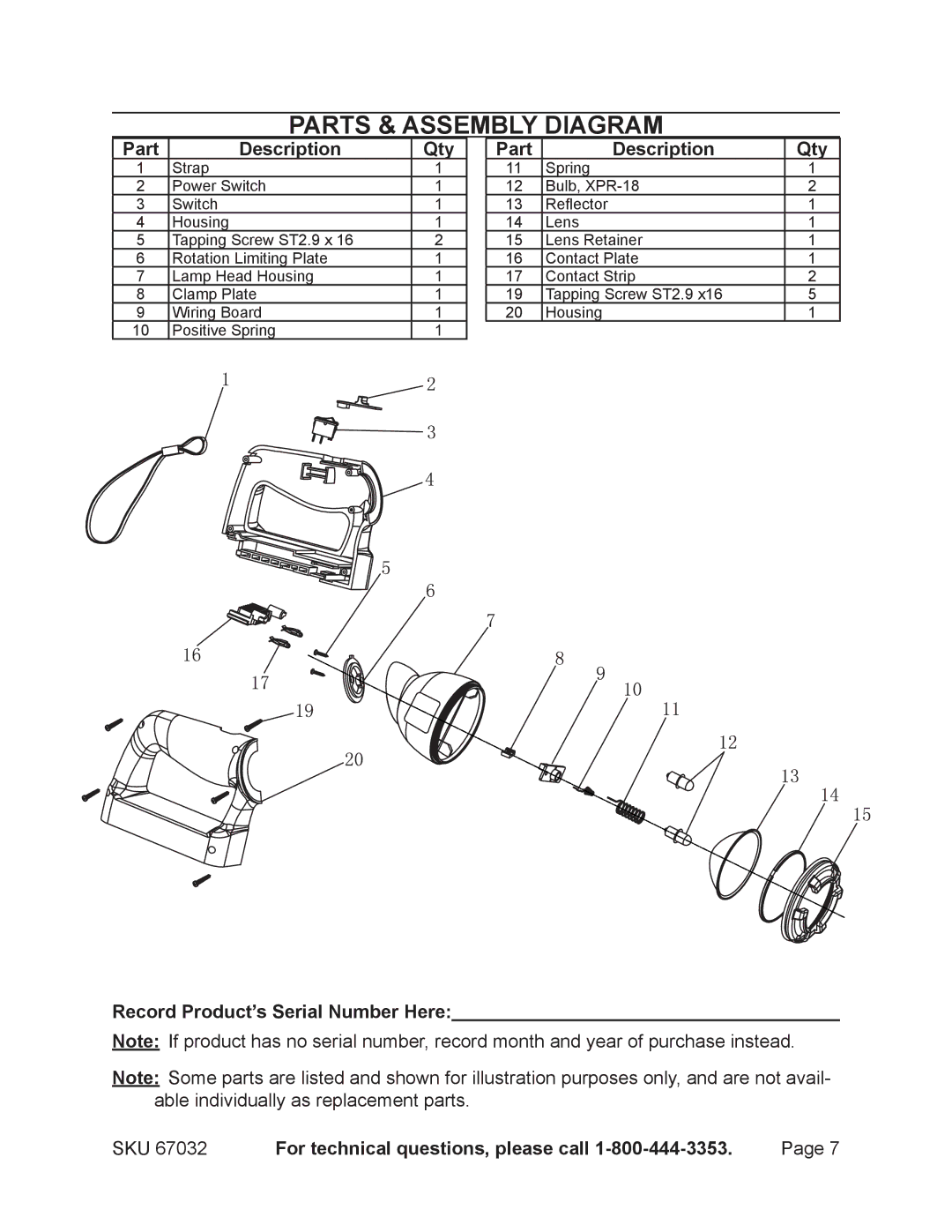 Harbor Freight Tools 67032 Parts & Assembly Diagram, Part Description Qty, Record Product’s Serial Number Here 