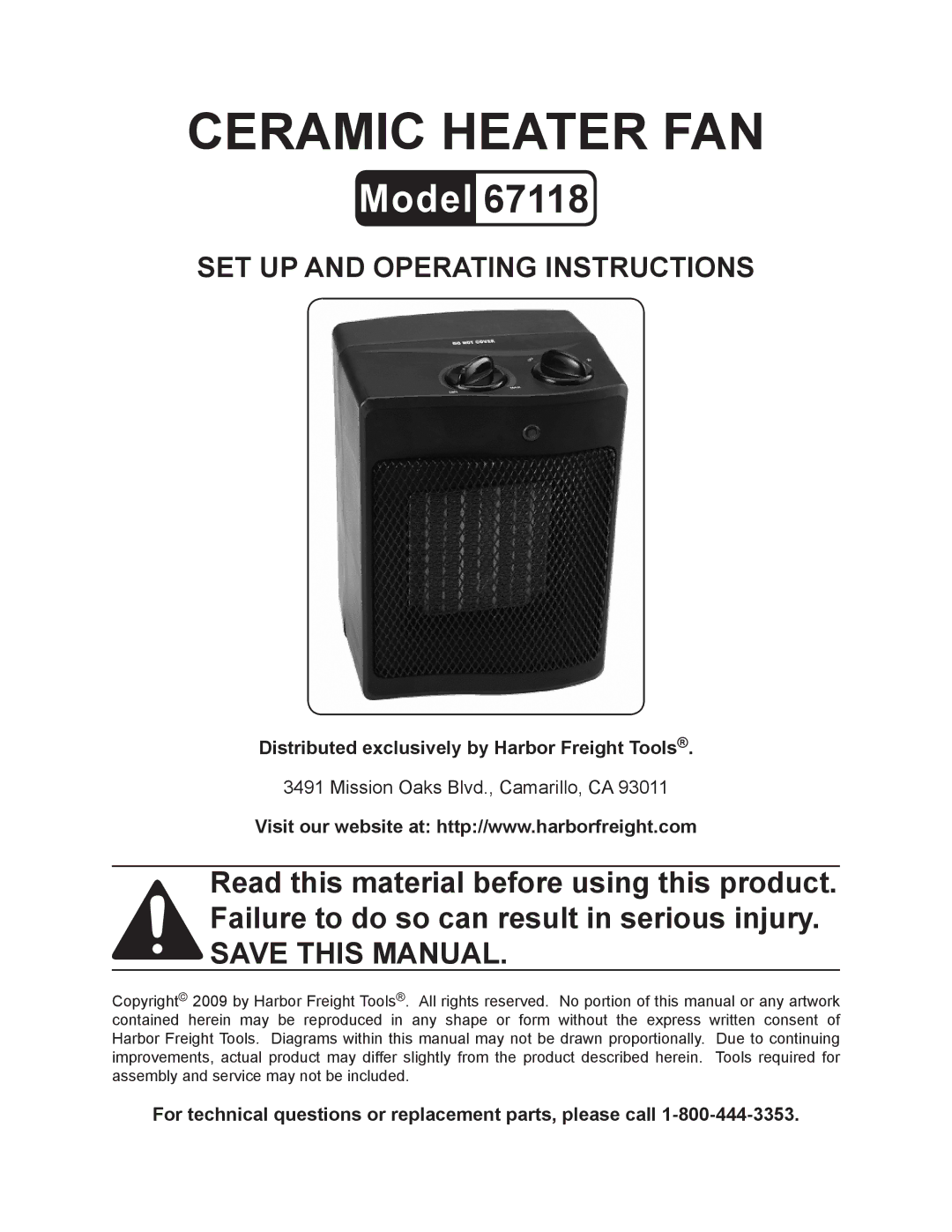 Harbor Freight Tools 67118 operating instructions Ceramic heater FAN 