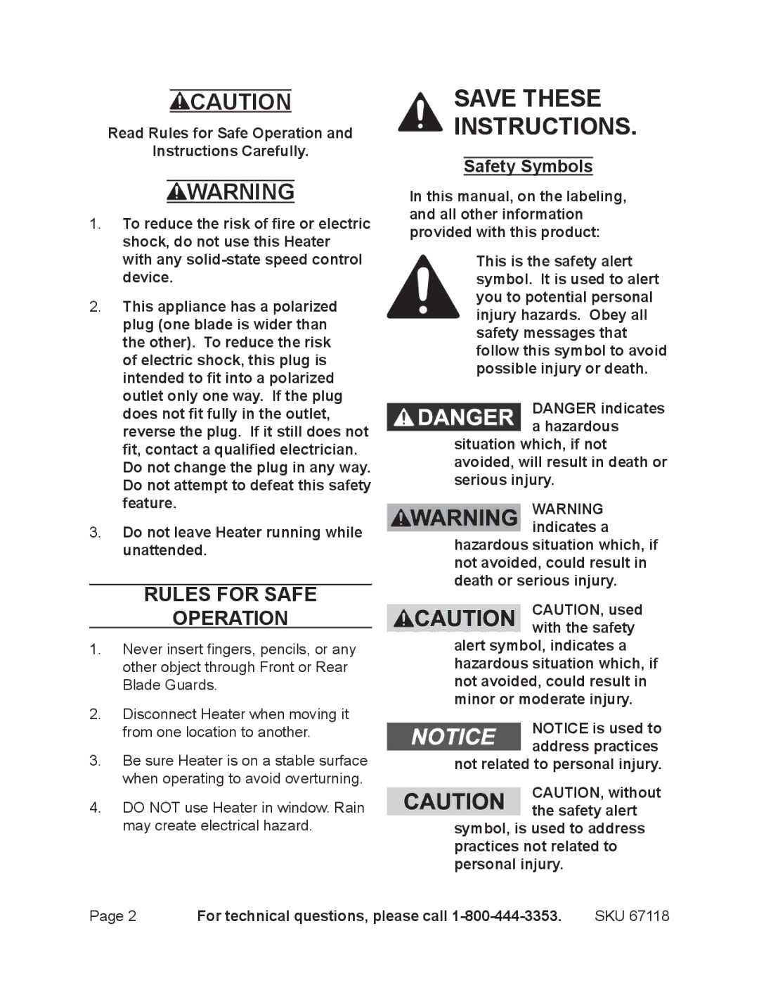 Harbor Freight Tools 67118 operating instructions Rules for Safe Operation, Safety Symbols 