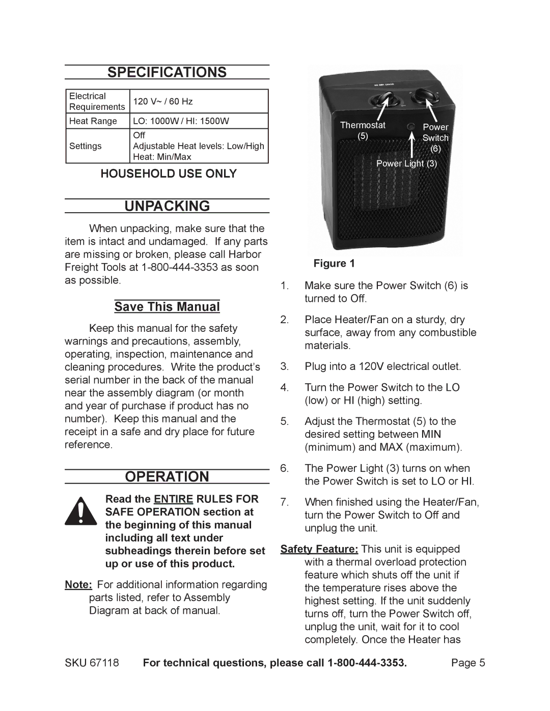 Harbor Freight Tools 67118 operating instructions Specifications, Unpacking, Operation, Save This Manual 