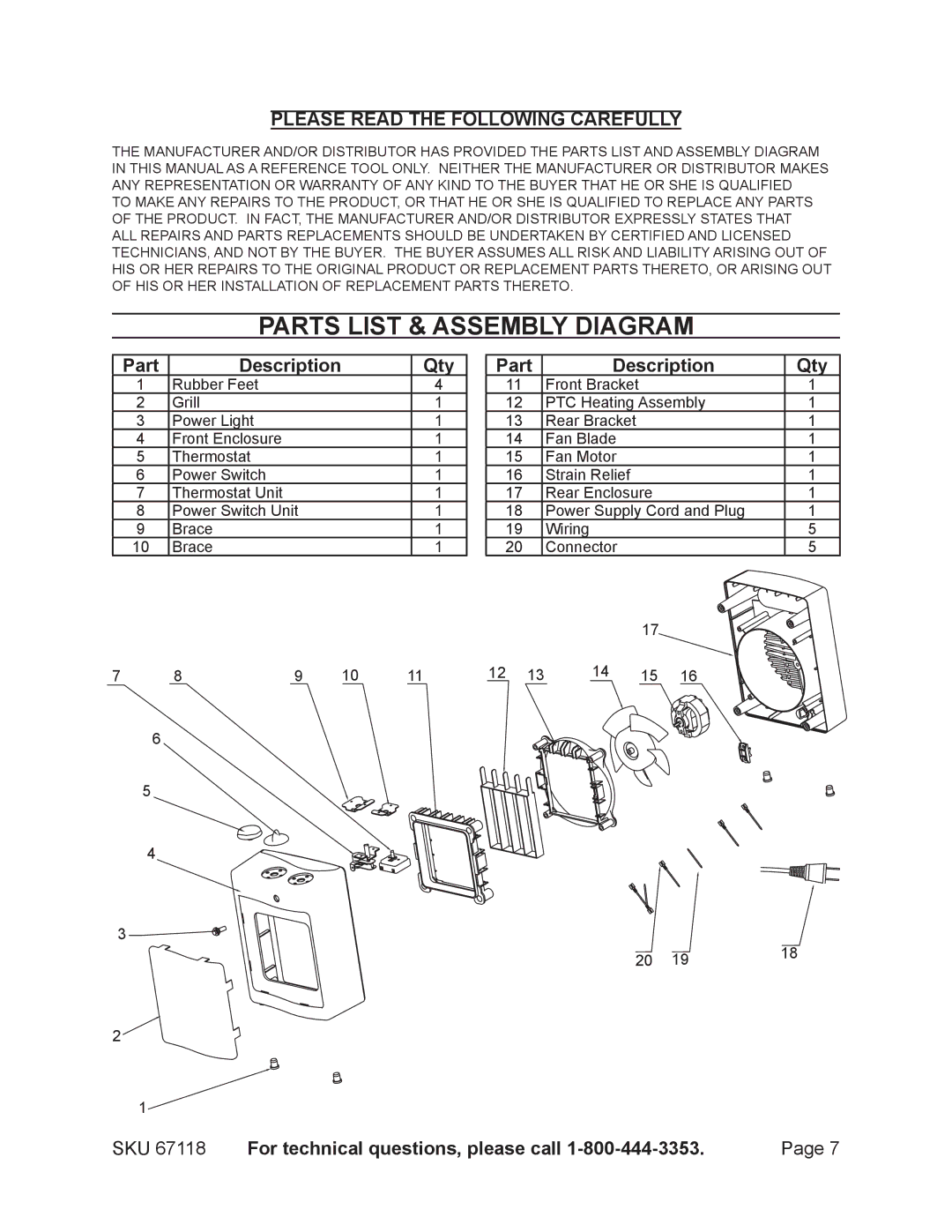 Harbor Freight Tools 67118 operating instructions Parts List & aSSEMBLY dIAGRAM, Please Read the Following Carefully 