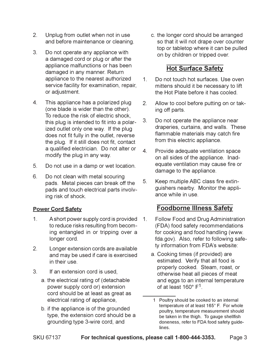 Harbor Freight Tools 67137 manual Hot Surface Safety, Foodborne Illness Safety, Power Cord Safety 