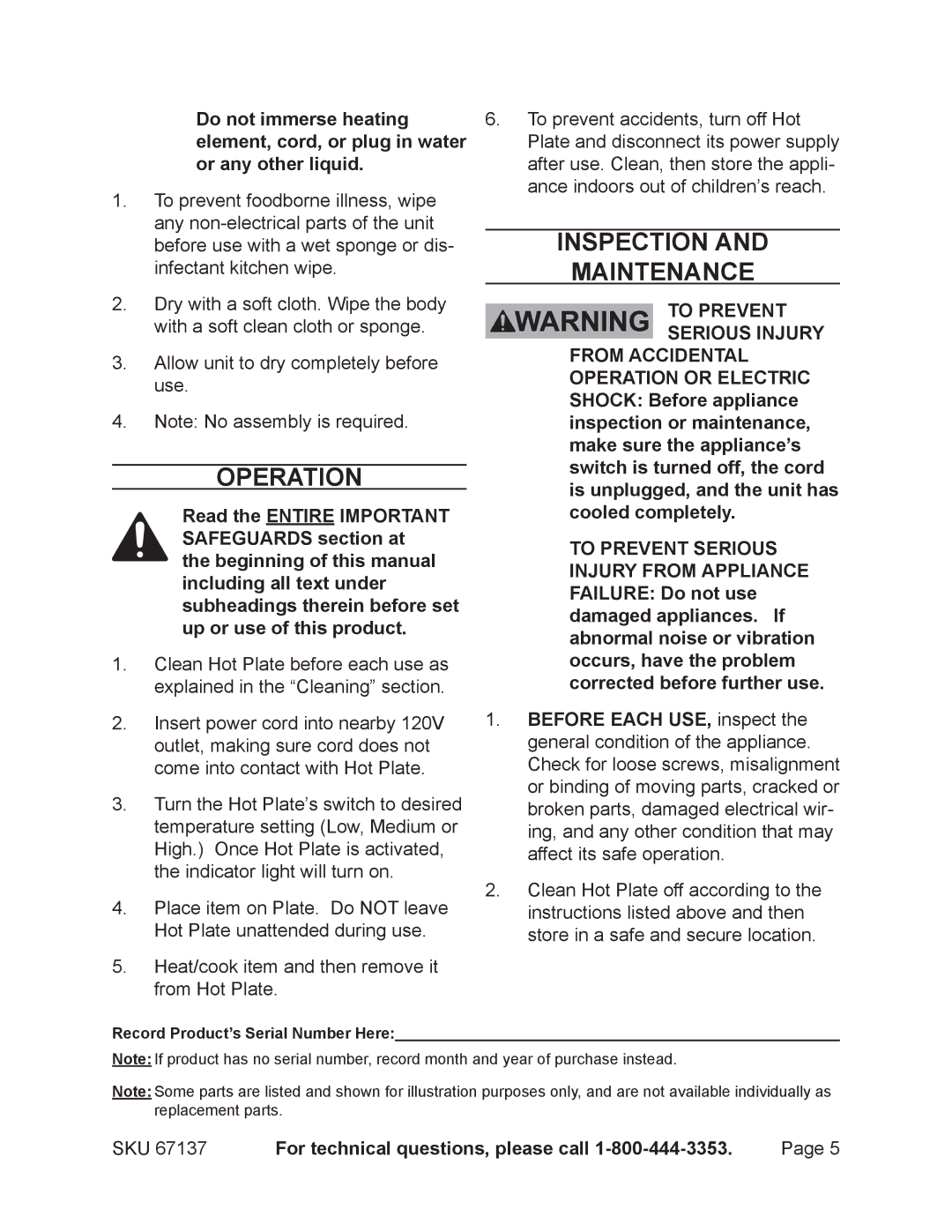 Harbor Freight Tools 67137 manual Operation, Inspection 