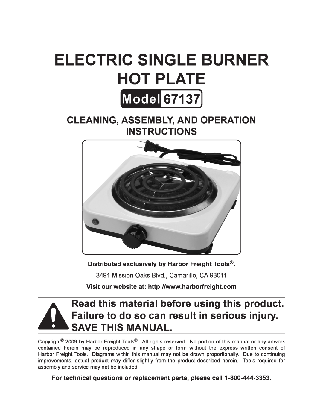 Harbor Freight Tools 67137 manual Electric Single Burner Hot Plate, Cleaning, Assembly, And Operation Instructions 