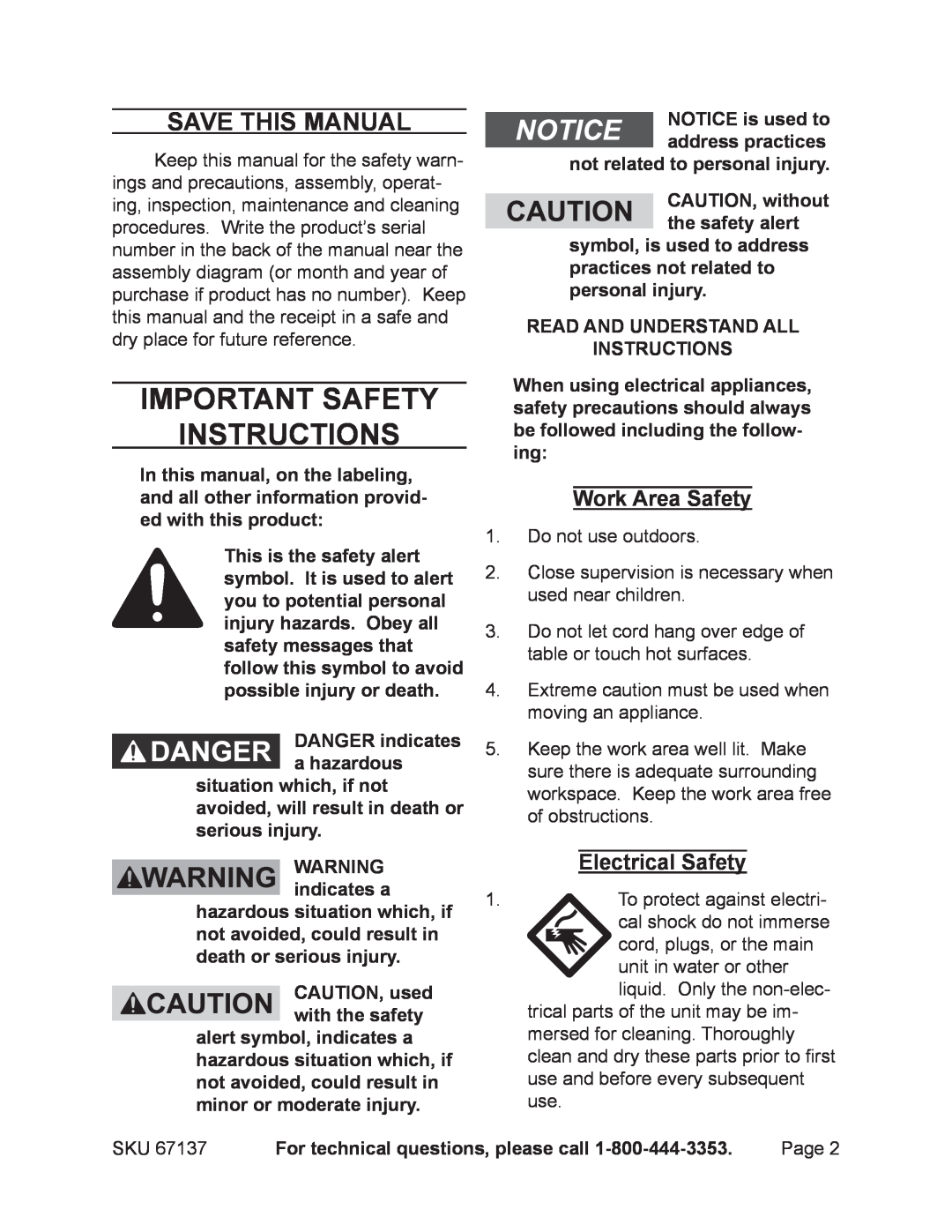 Harbor Freight Tools 67137 manual Important Safety Instructions, Save This Manual, Work Area Safety, Electrical Safety 