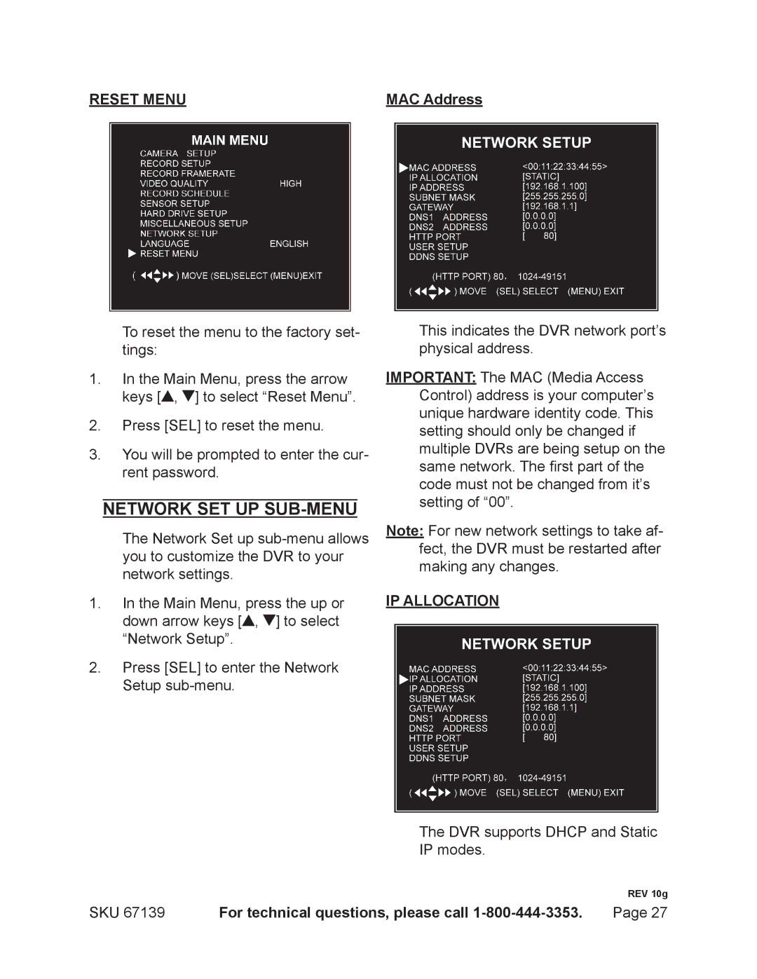 Harbor Freight Tools 67139 operating instructions Network Set up Sub-Menu, Reset Menu, MAC Address, IP Allocation 