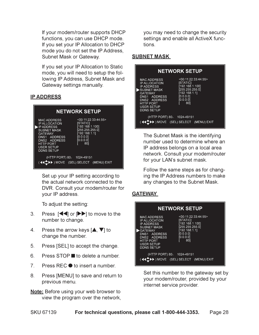 Harbor Freight Tools 67139 operating instructions IP Address, Subnet Mask, Gateway 