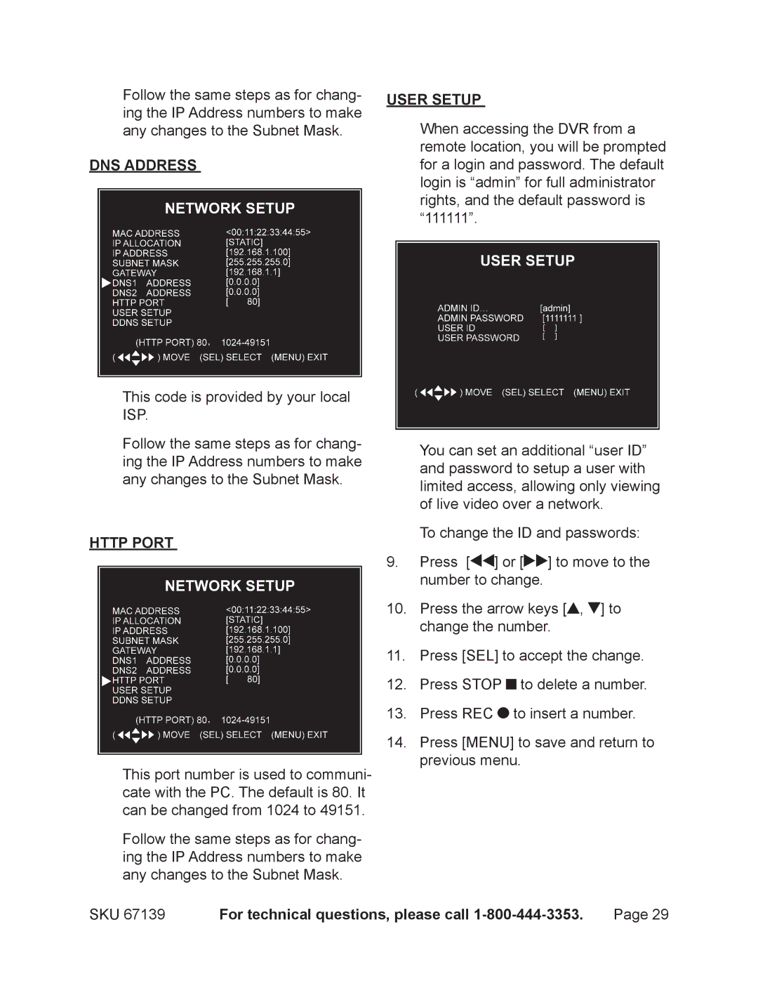 Harbor Freight Tools 67139 operating instructions DNS Address User Setup, Http Port 