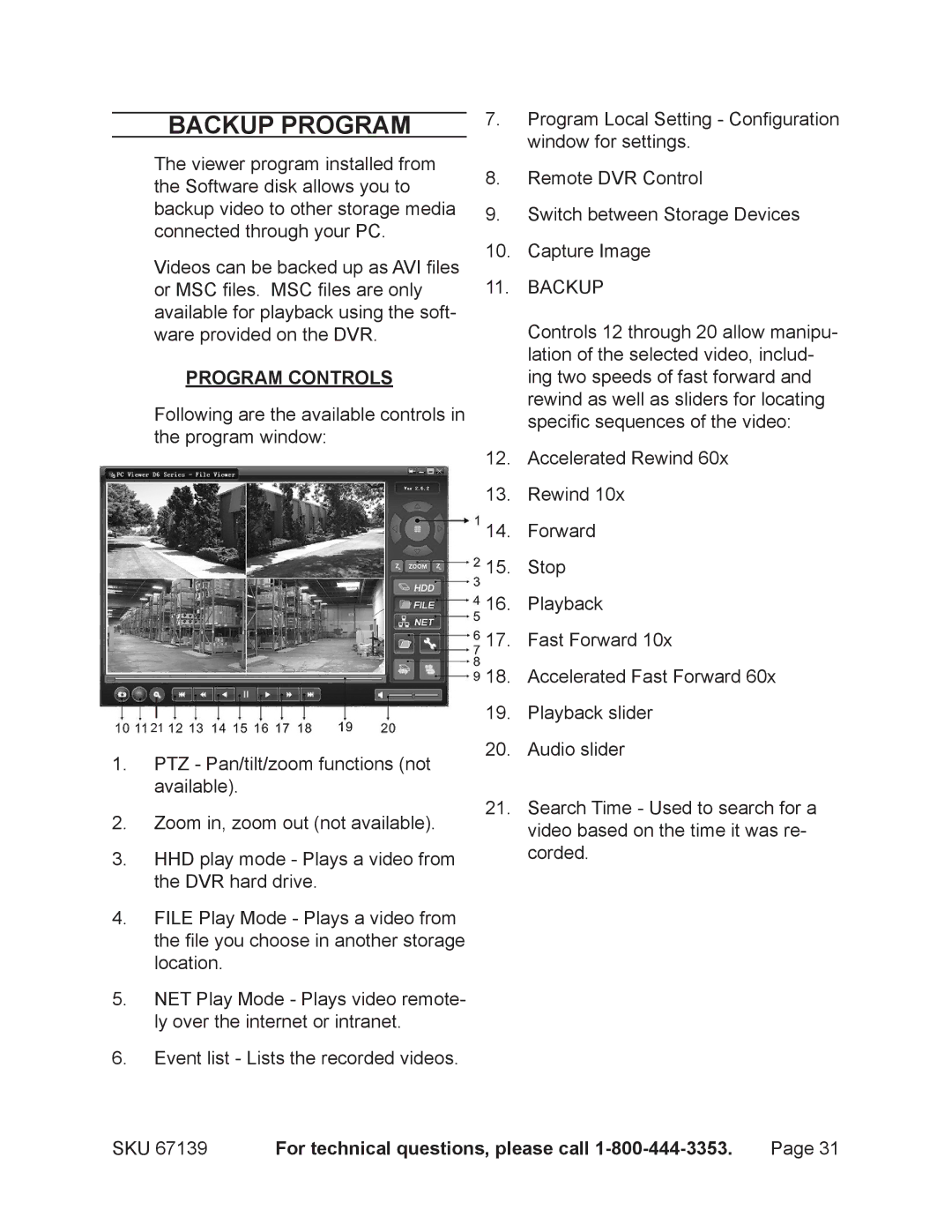 Harbor Freight Tools 67139 operating instructions Backup Program, Program Controls 