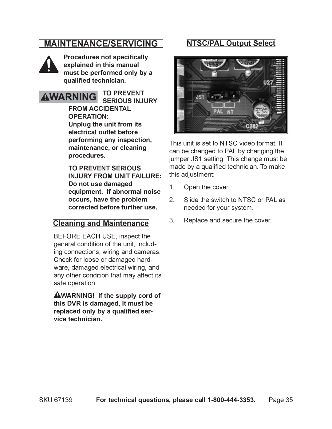 Harbor Freight Tools 67139 operating instructions Maintenance/Servicing, Cleaning and Maintenance 