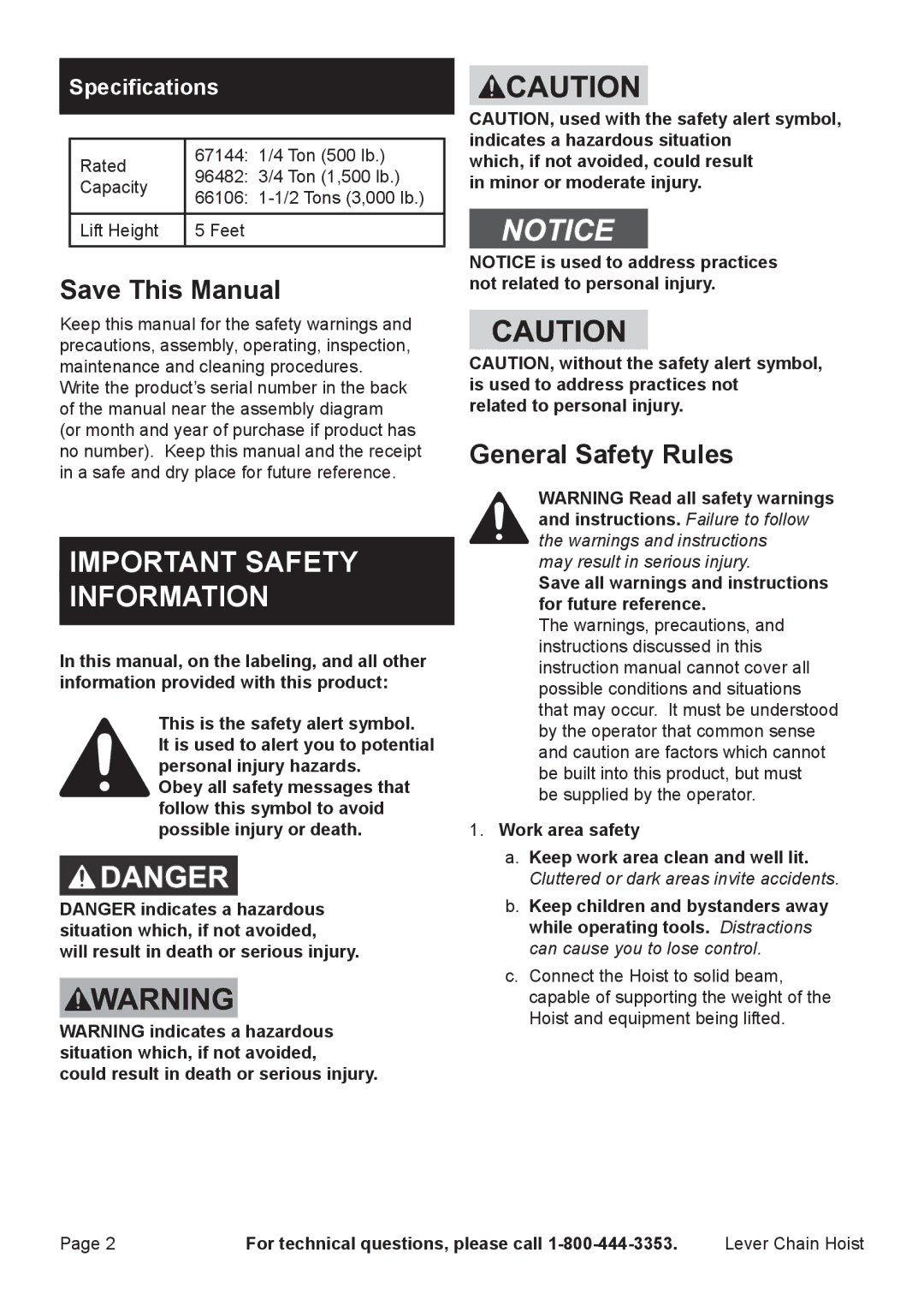 Harbor Freight Tools 69482, 67144, 66106 manual Save This Manual, General Safety Rules, Specifications, Work area safety 