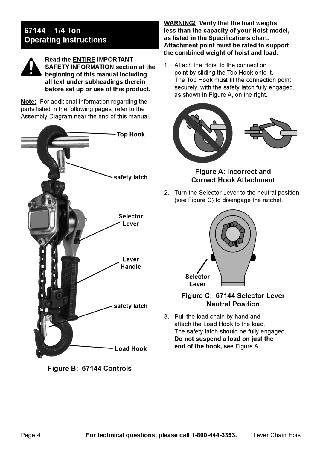 Harbor Freight Tools 66106 67144 1/4 Ton Operating Instructions, Top Hook, Safety latch Selector Lever Handle Load Hook 