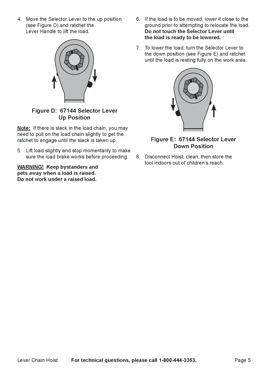 Harbor Freight Tools 69482, 66106 manual Figure D 67144 Selector Lever Up Position 