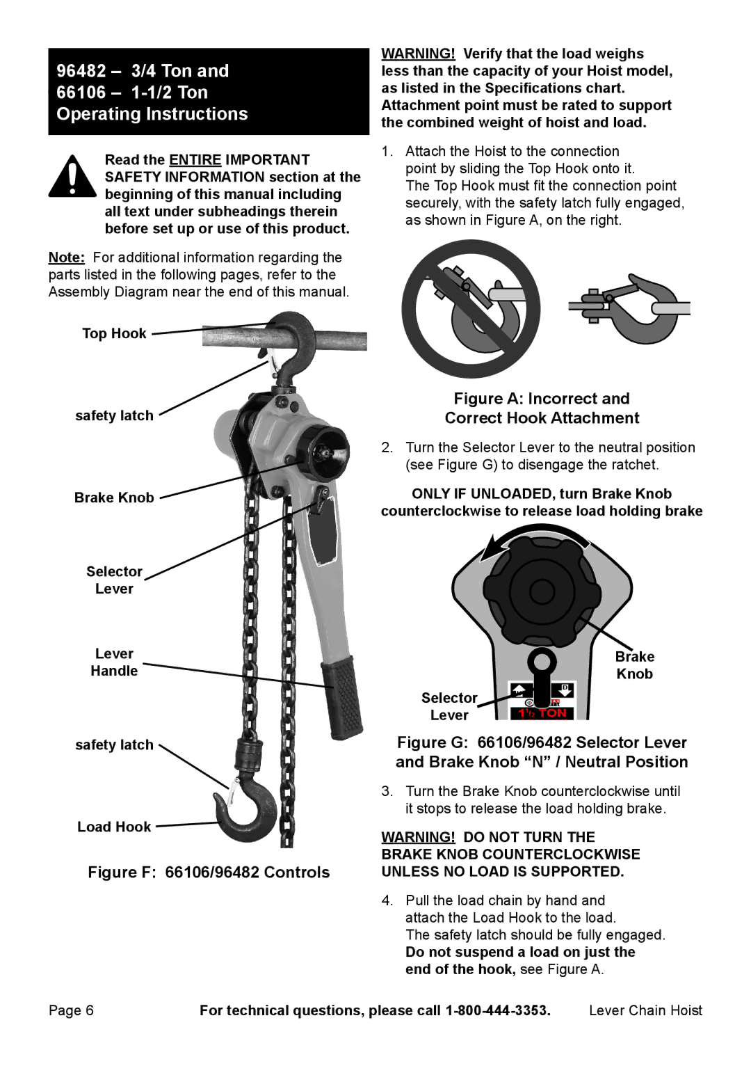 Harbor Freight Tools 67144, 69482 manual 96482 3/4 Ton 66106 1-1/2 Ton Operating Instructions 