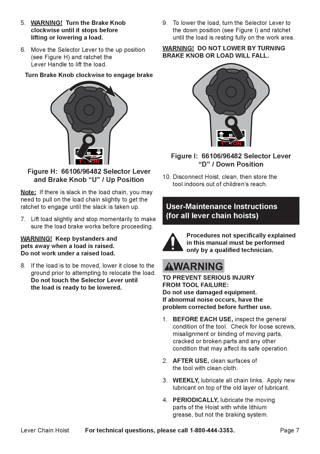 Harbor Freight Tools 66106, 67144, 69482 manual User-Maintenance Instructions, For all lever chain hoists 