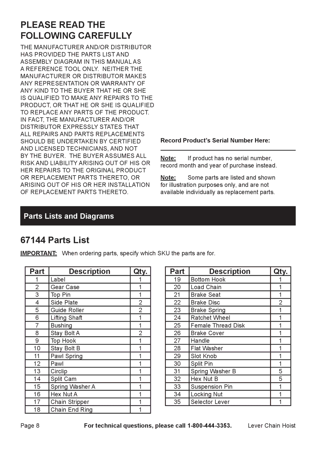 Harbor Freight Tools 69482, 67144, 66106 manual Parts Lists and Diagrams, Record Product’s Serial Number Here 