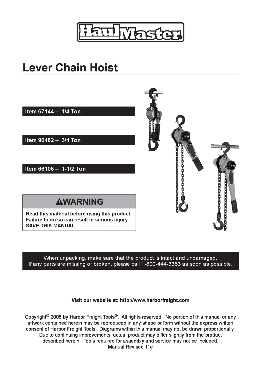 Harbor Freight Tools 66106, 67144, 69482 manual Read this material before using this product, Lever Chain Hoist 