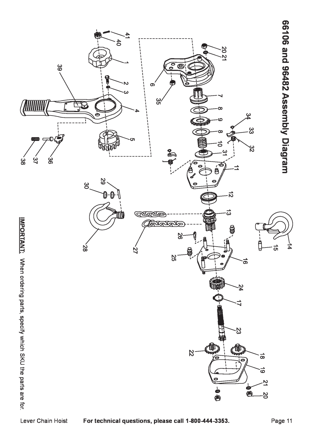 Harbor Freight Tools 69482, 67144, 66106 manual and 96482 Assembly Diagram, For technical questions, please call 