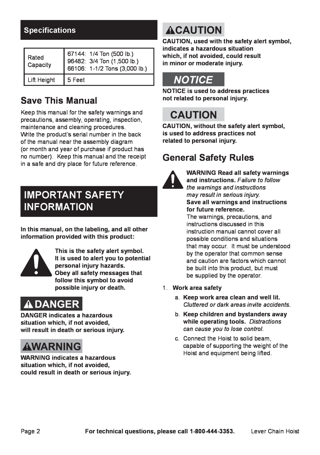 Harbor Freight Tools 69482 Save This Manual, General Safety Rules, Specifications, may result in serious injury, Page 