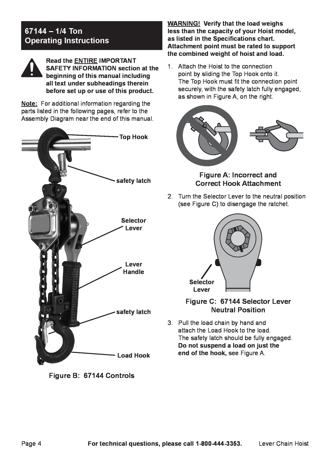 Harbor Freight Tools 66106 67144 - 1/4 Ton Operating Instructions, Figure B 67144 Controls, Top Hook, Selector Lever, Page 