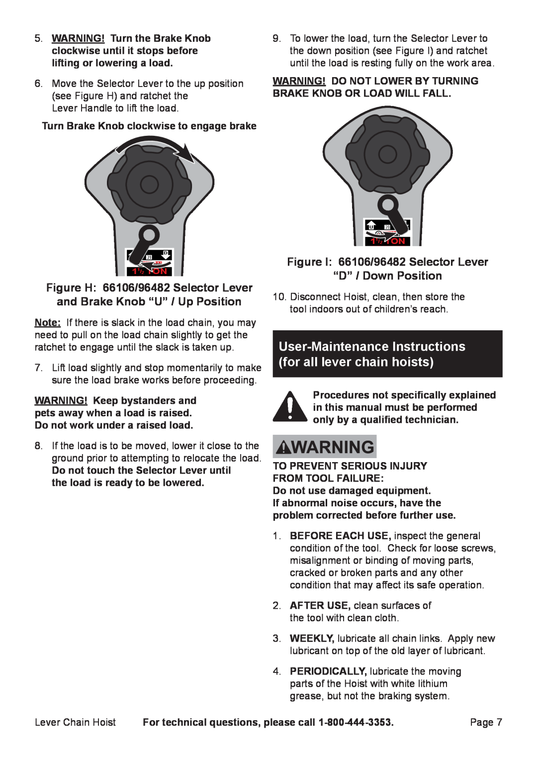 Harbor Freight Tools User-Maintenance Instructions, for all lever chain hoists, Figure H 66106/96482 Selector Lever 