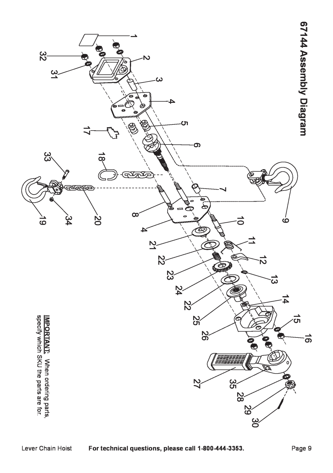 Harbor Freight Tools 67144, 66106, 69482 manual Assembly Diagram, For technical questions, please call 