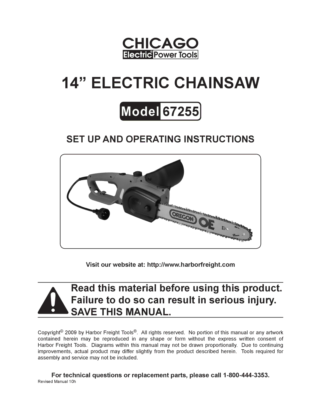 Harbor Freight Tools 67255 operating instructions Electric Chainsaw 