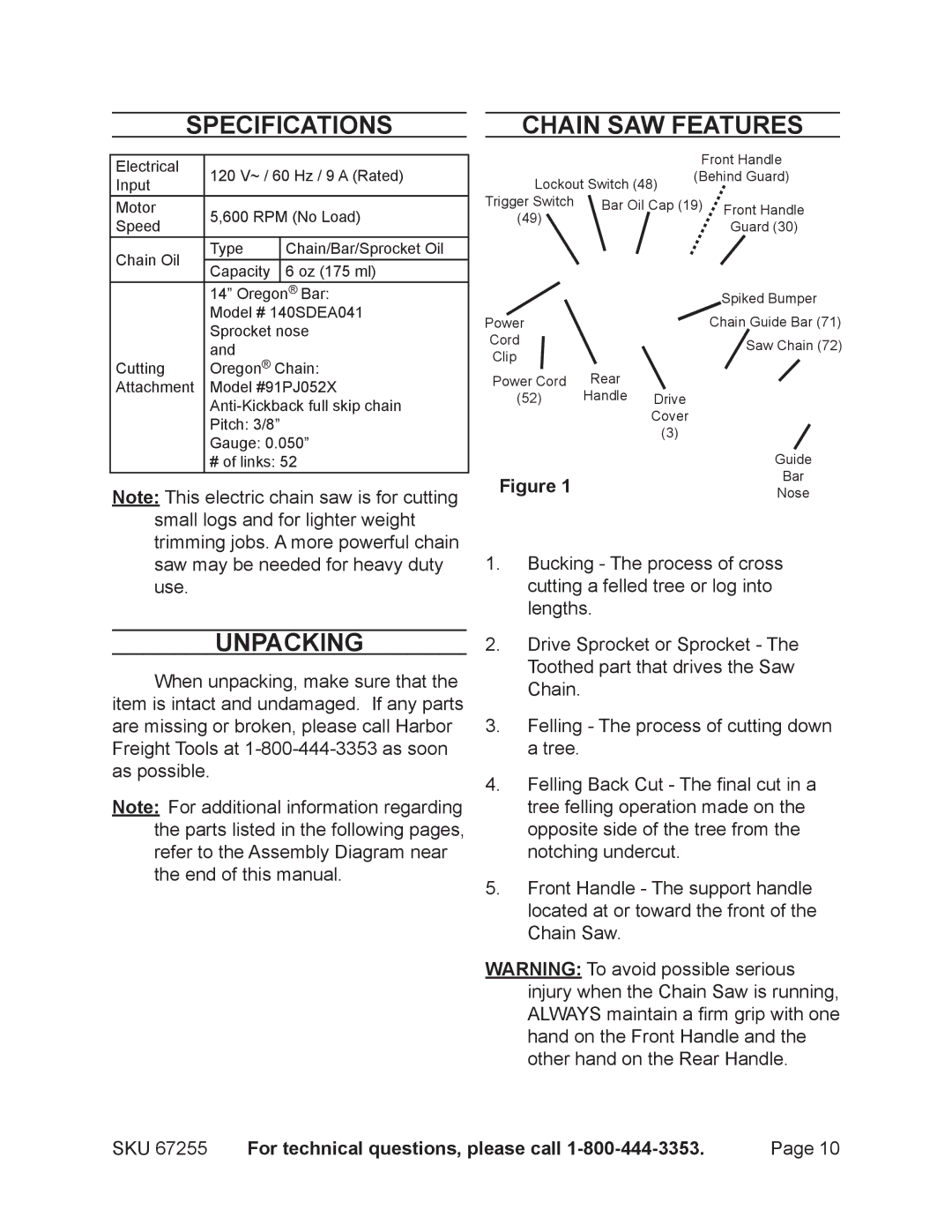 Harbor Freight Tools 67255 operating instructions Specifications, Unpacking, Chain Saw Features 