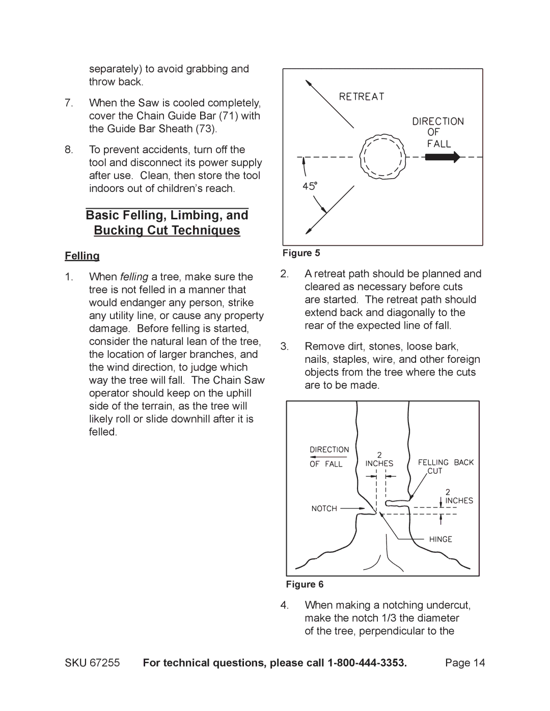 Harbor Freight Tools 67255 operating instructions Basic Felling, Limbing, Bucking Cut Techniques 