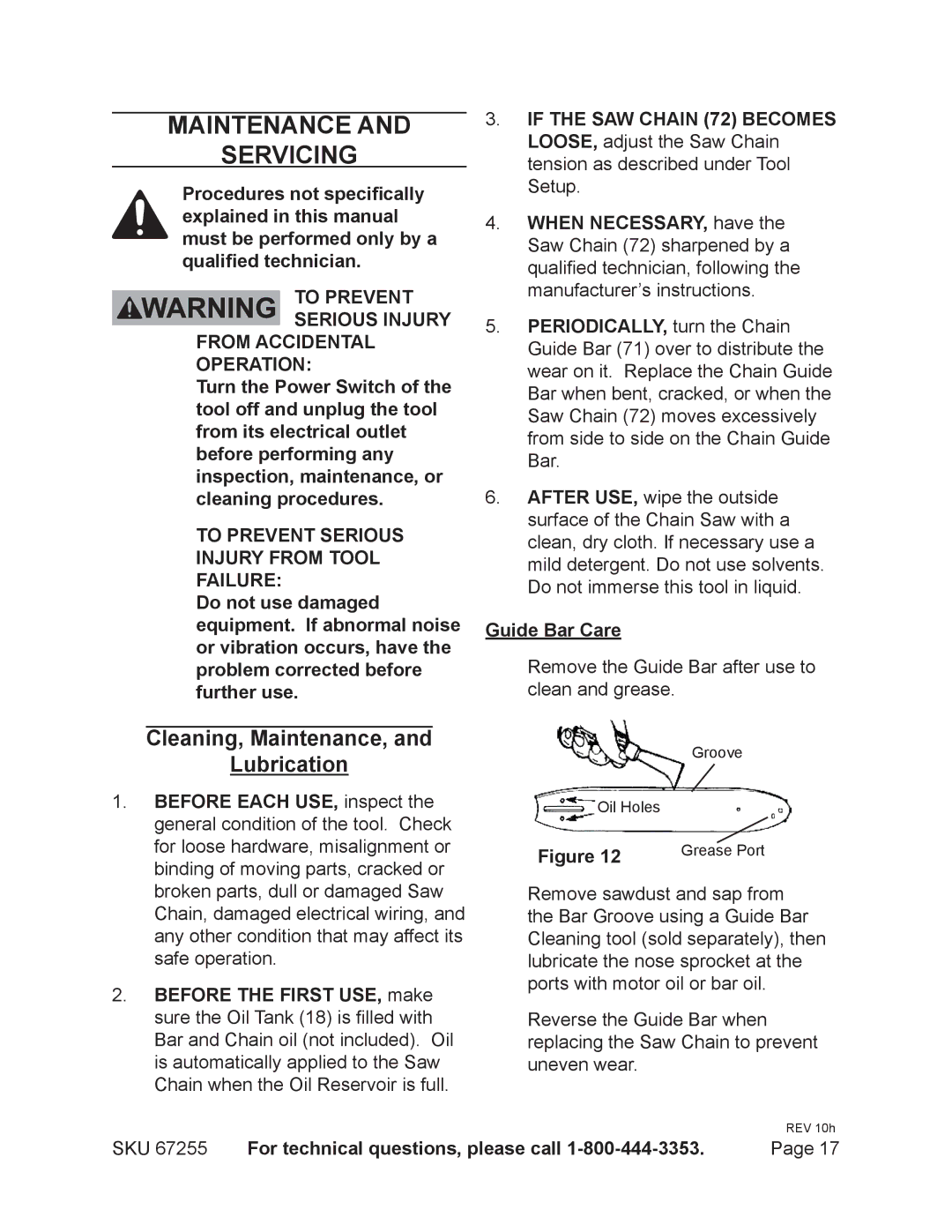 Harbor Freight Tools 67255 operating instructions Maintenance Servicing, Cleaning, Maintenance, Lubrication, Guide Bar Care 