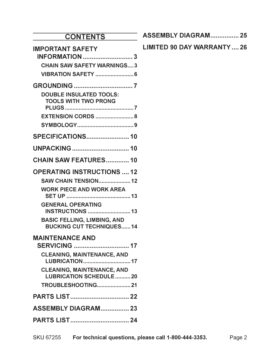 Harbor Freight Tools 67255 operating instructions Contents 