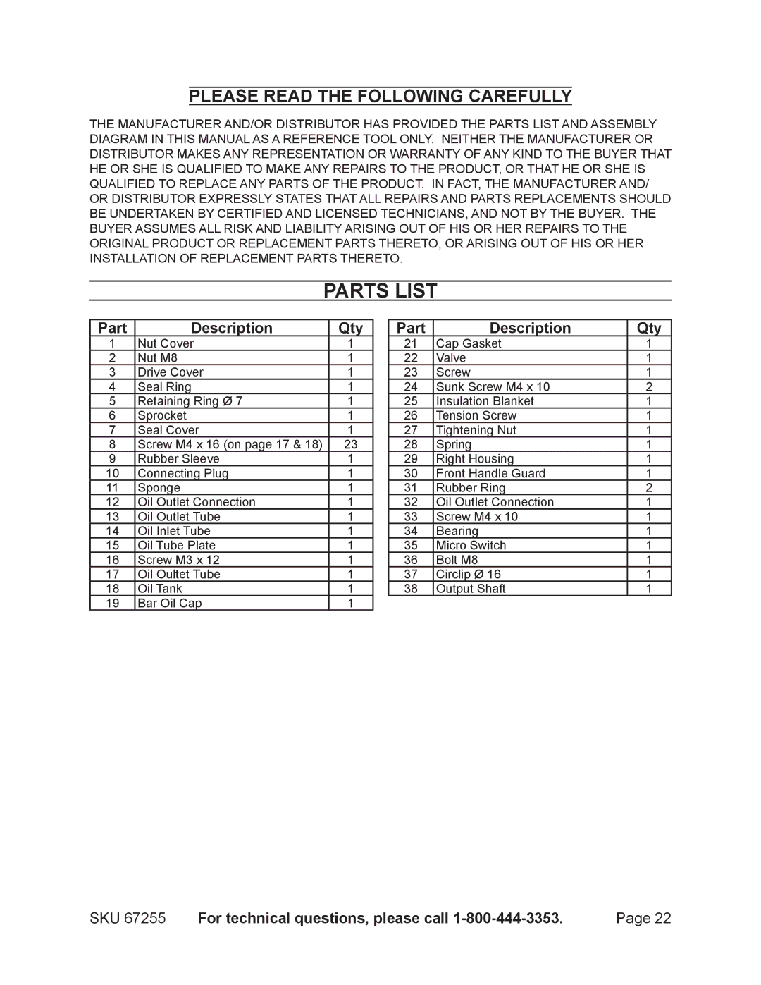 Harbor Freight Tools 67255 operating instructions Parts List, Part Description Qty 