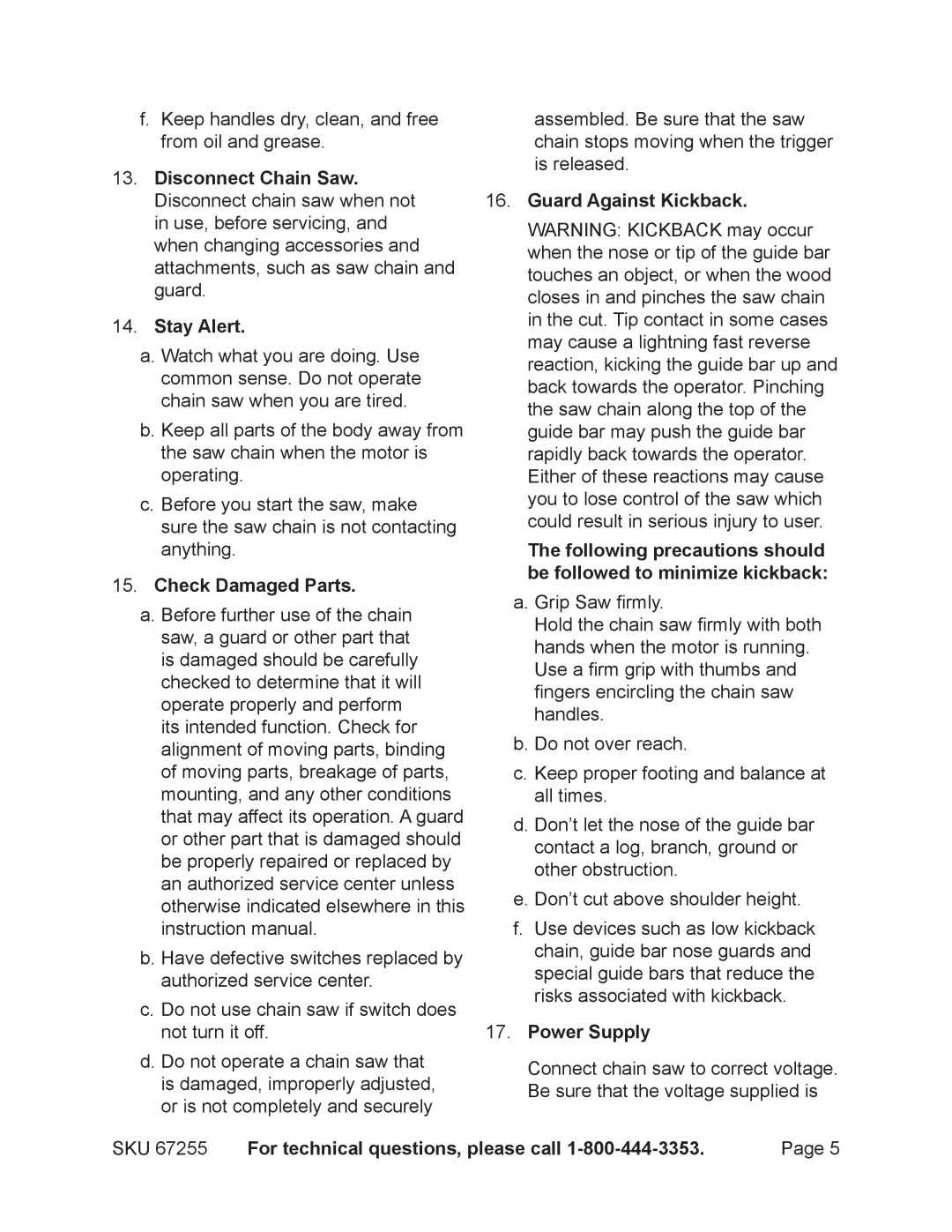 Harbor Freight Tools 67255 operating instructions Stay Alert, Check Damaged Parts, Power Supply 