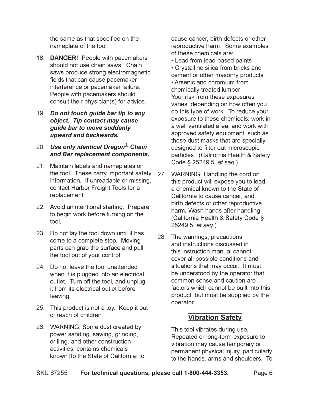 Harbor Freight Tools 67255 operating instructions Vibration Safety 