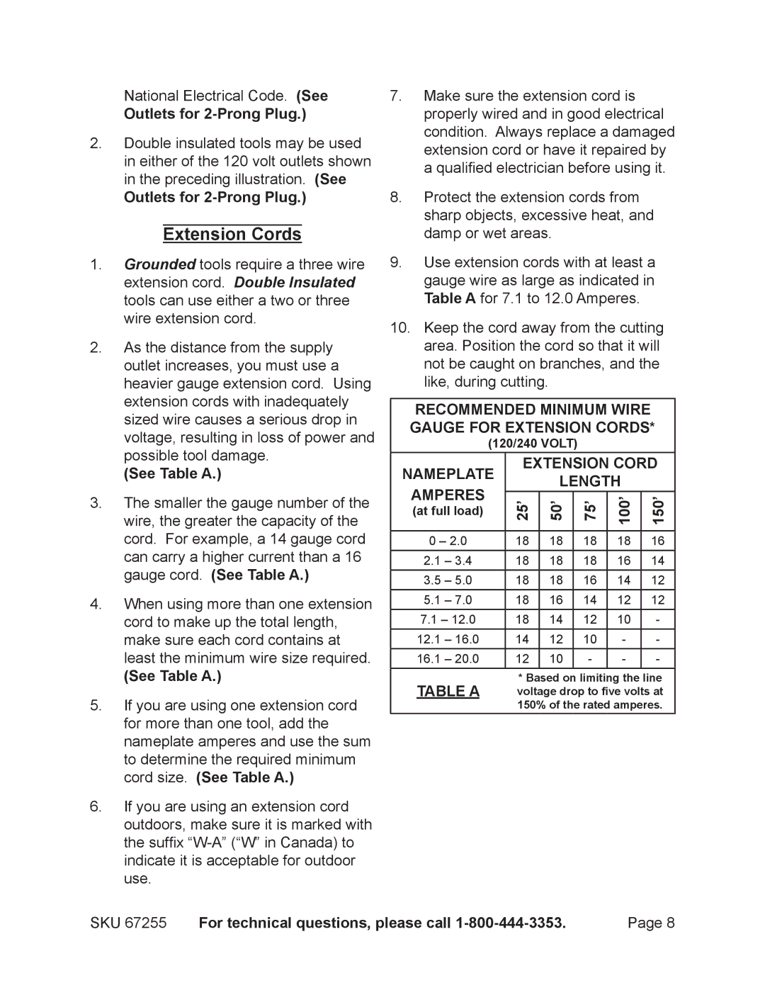 Harbor Freight Tools 67255 operating instructions Extension Cords, See Table a, 25’ 50’ 75’ 