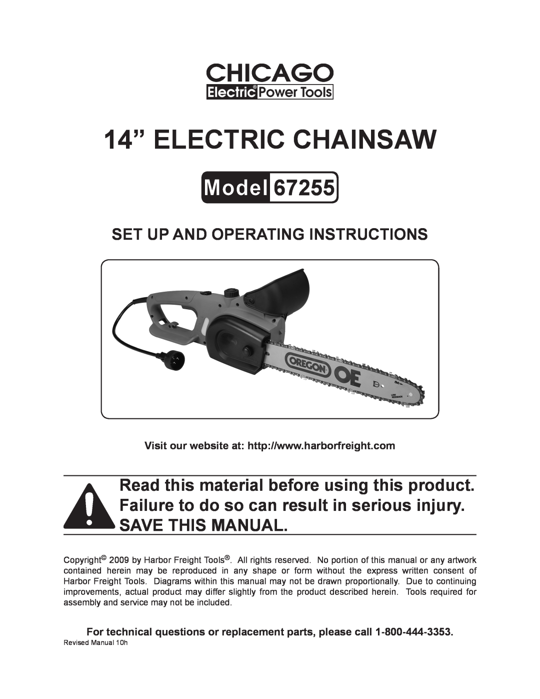 Harbor Freight Tools 67255 operating instructions 14” electric Chainsaw, Set up and Operating Instructions 
