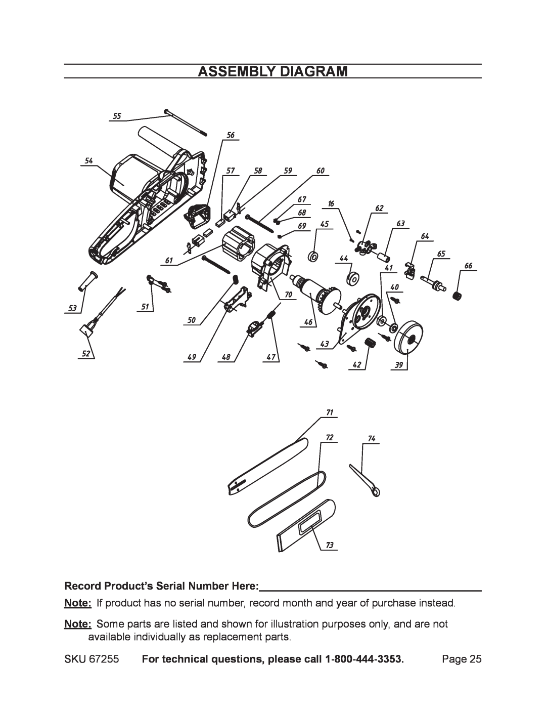 Harbor Freight Tools 67255 Assembly Diagram, Record Product’s Serial Number Here, For technical questions, please call 