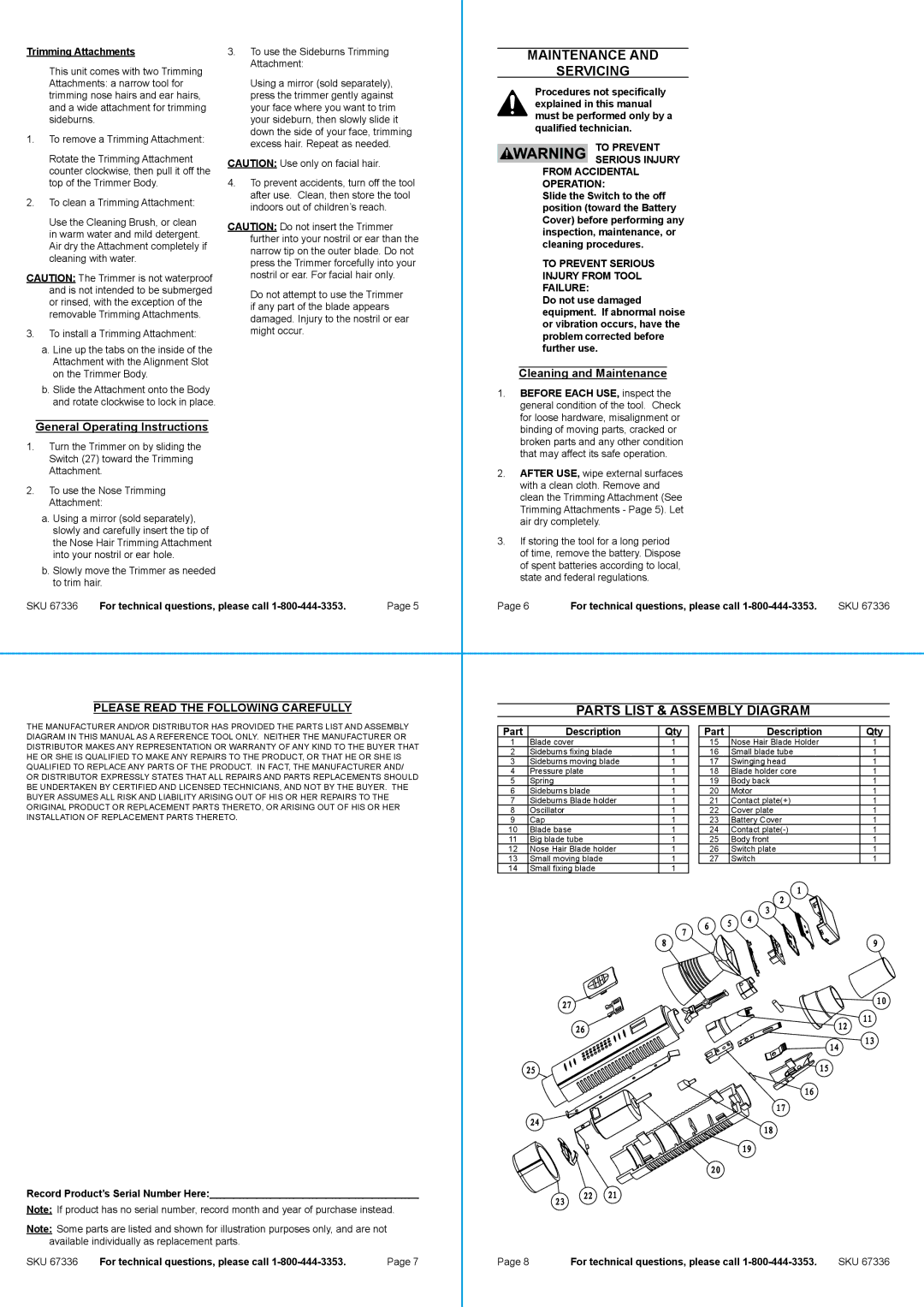 Harbor Freight Tools 67336 Trimming Attachments, Procedures not specifically, Explained in this manual, To preVent 